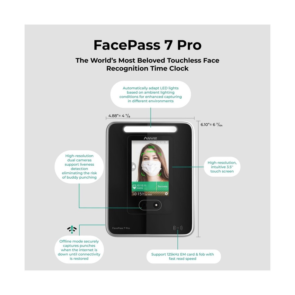 ANVIZ FacePass 7 Pro Cloud-Based Time Clock with Face, RFID, PIN - Free Cloud...