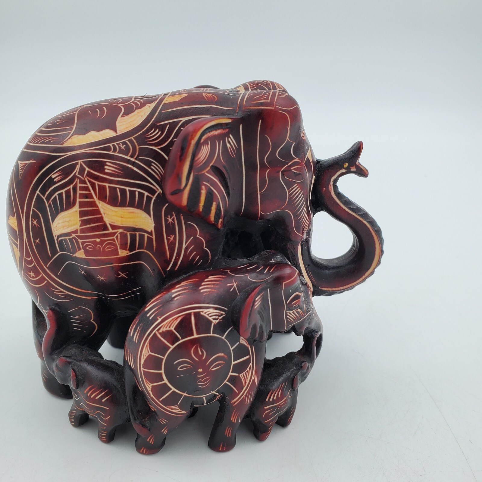 Elephant Family Hand Carved Figurine Statue Himalayan Handmade Nepal Resin