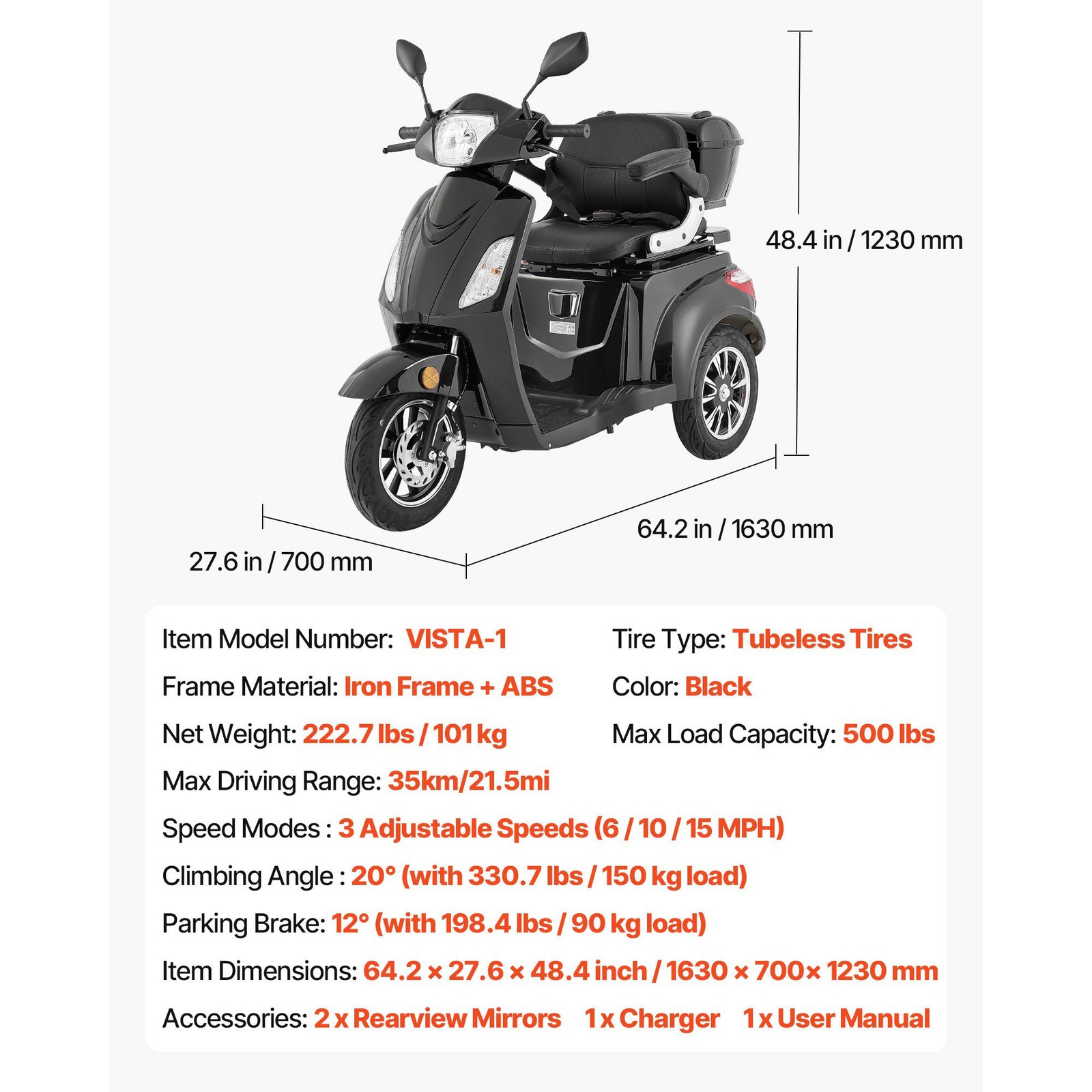 Uimoso Heavy-Duty 3-Wheel Mobility Scooter 21.5-Mile Range, 3-Speed, 500lbs Load