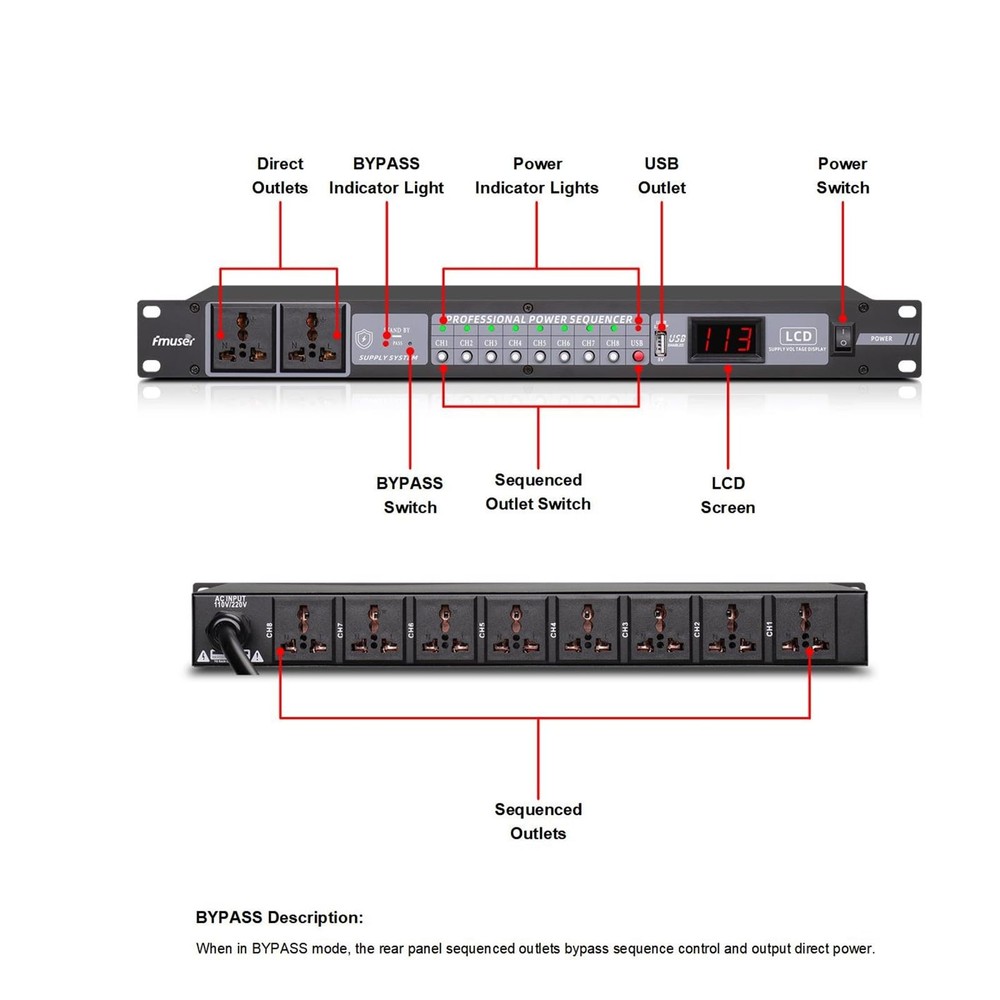 FMUSER 10-Outlet Power Sequencer Conditioner, 3000W Rack Conditioner...
