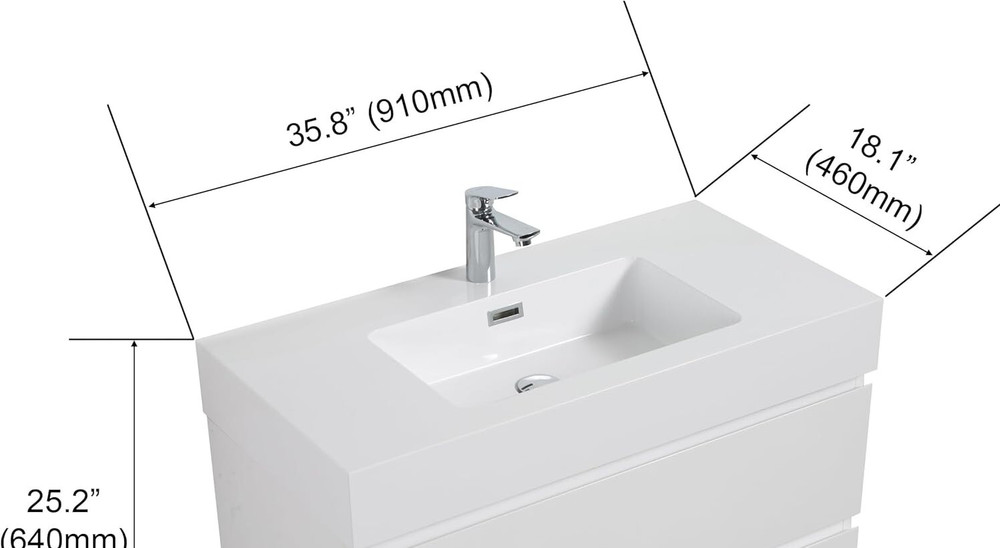 36 inch Integrated solid surface basin drain and faucet not included, glossy