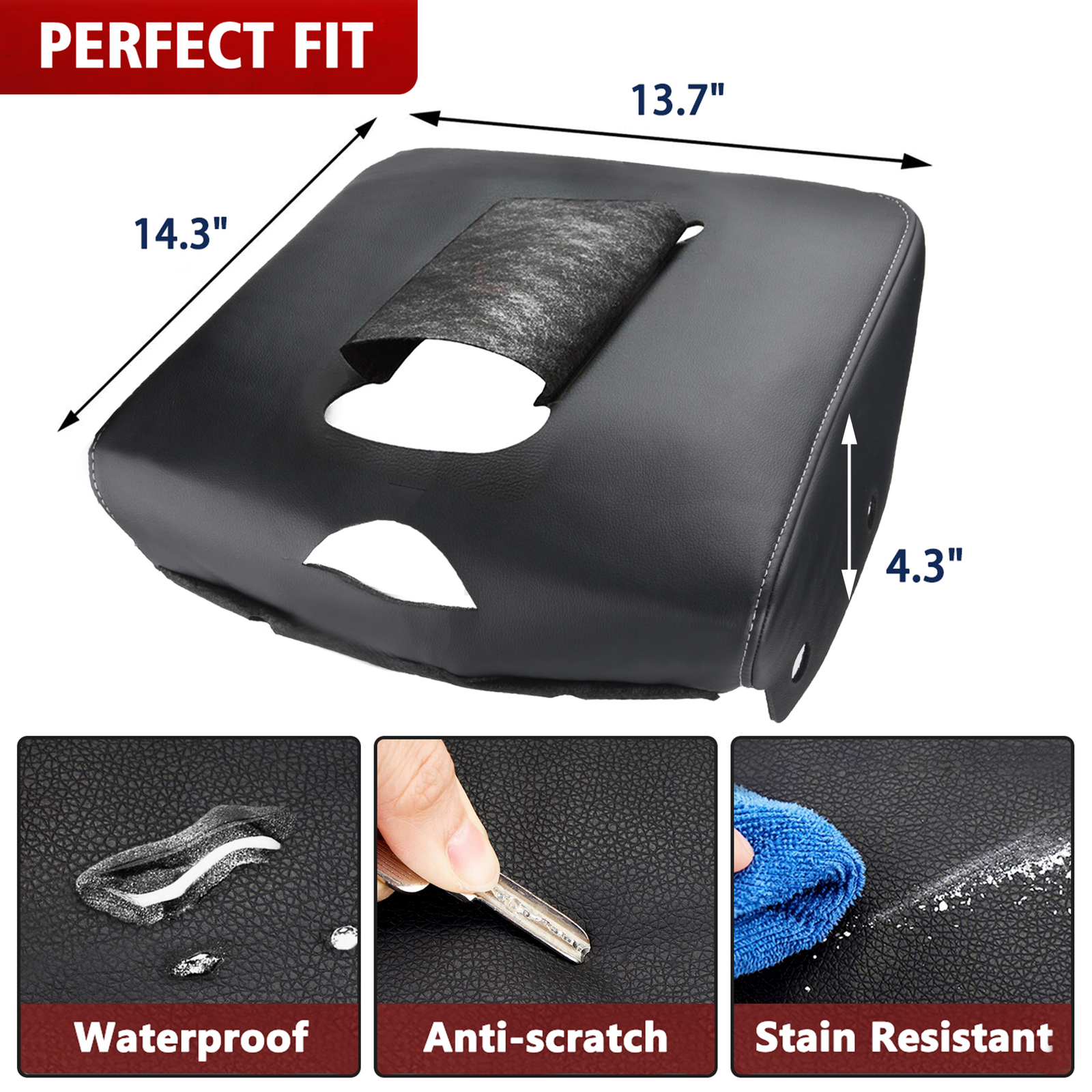 Fits Chevy Silverado 2019-2024 Center Console Lid Armrest PU Leather Cover Black