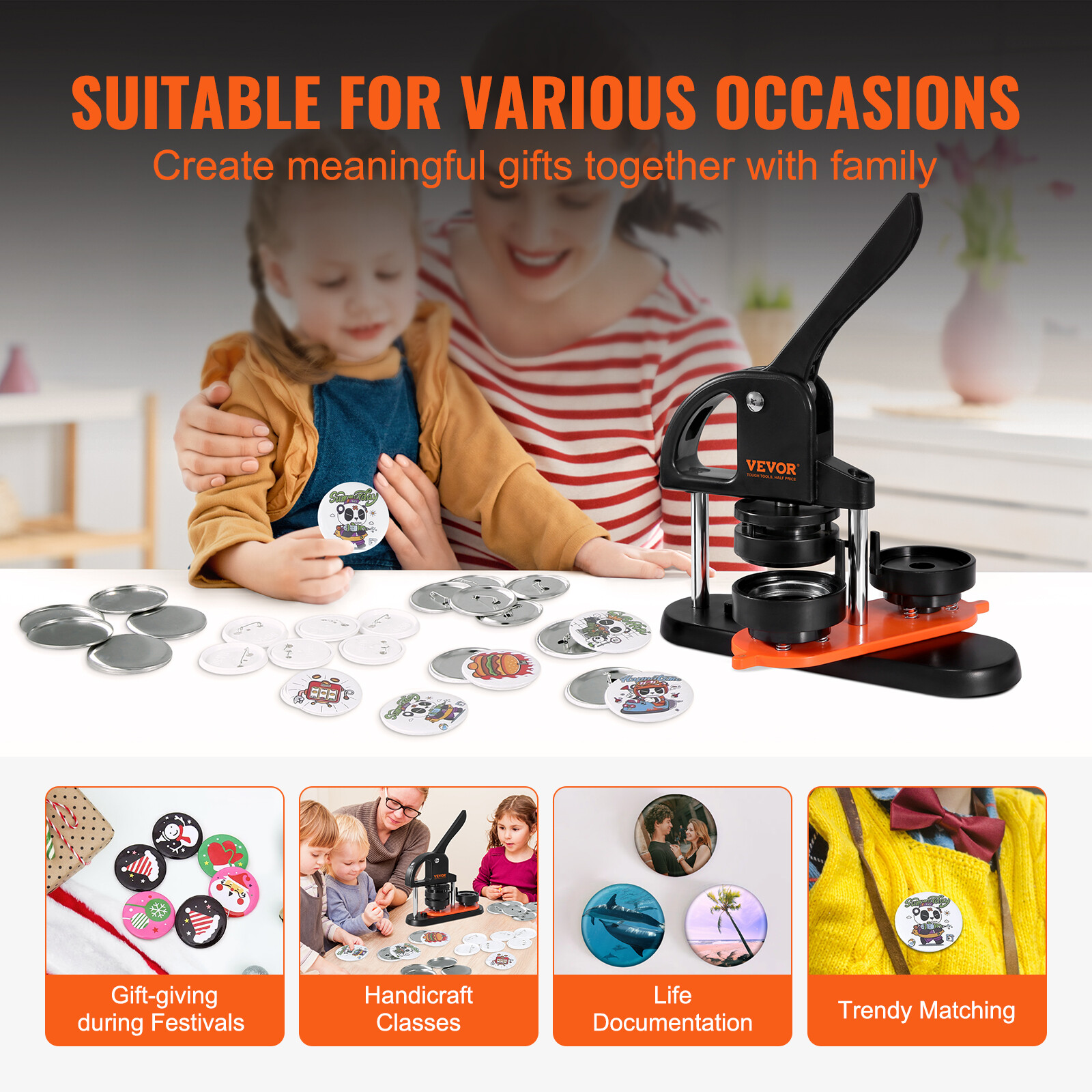VEVOR Button Maker Machine Pin Badge Maker 2.28in 100 Button Parts+Circle Cutter