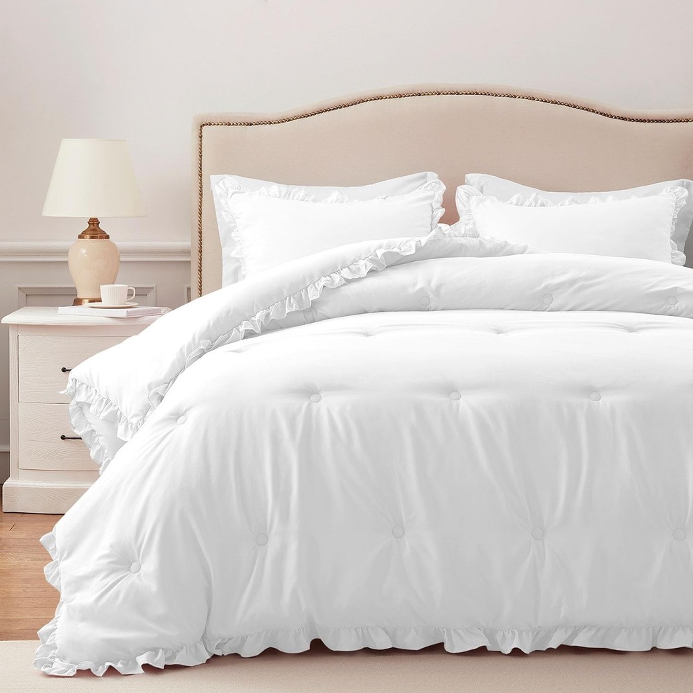 HARBOREST Queen Comforter Set White - Ruffle for Queen,