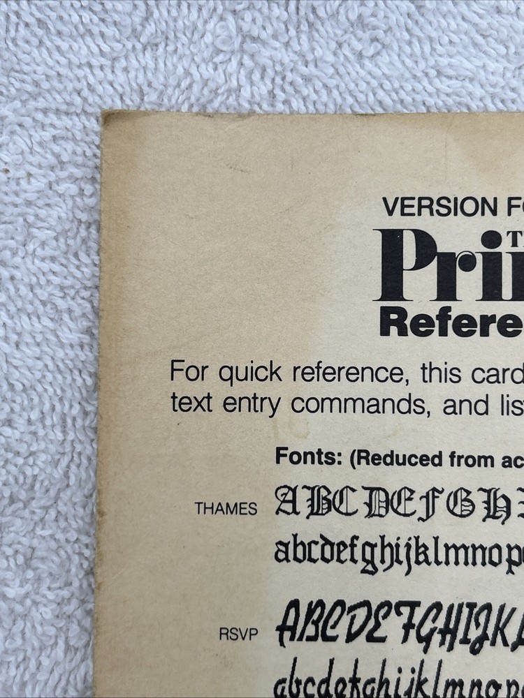 1985 Brøderbund Print Shop Reference Card Version for the IBM PC, PC XT, PCjr