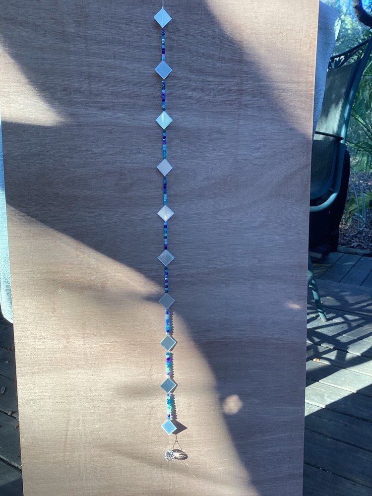 Handmade Beaded Mirrored Dangle. Blue Tones With Mirrors.