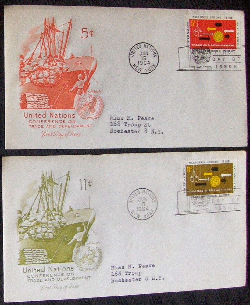 United Nations 2 FDCs CONFERENCE on TRADE & DEVELOPMENT 1964.