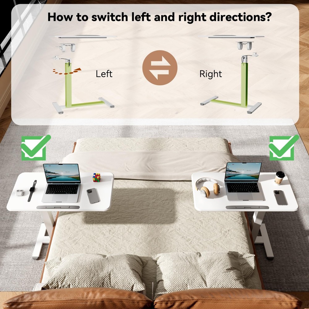 Mobile Standing Desk, Height Adjustable Left/Right Overbed Bedside Table, 90°...