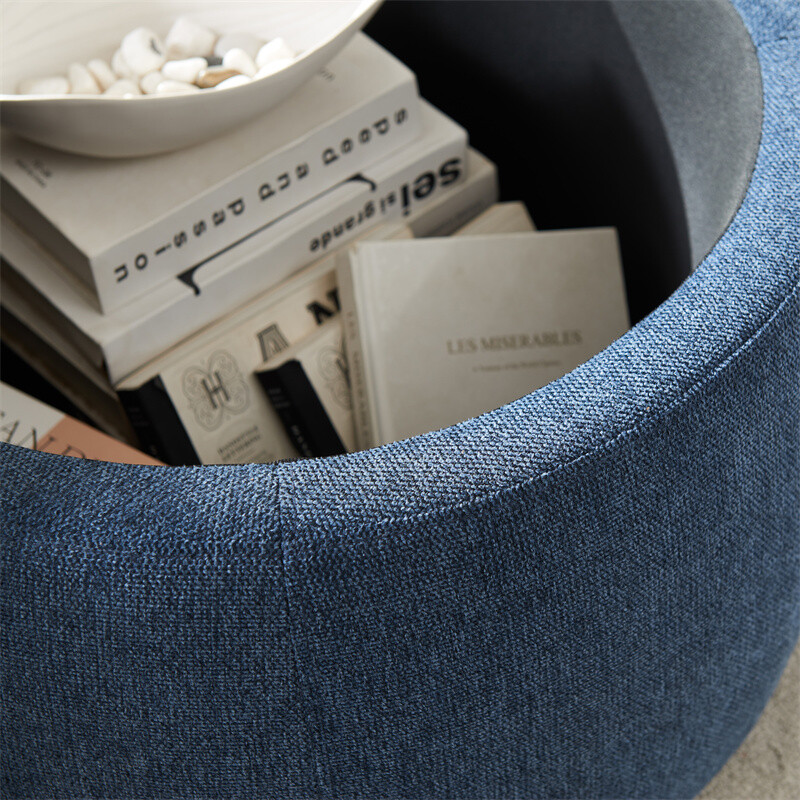 Round Storage Ottoman, 2 in 1 Function, Work as End table & Ottoman-Navy