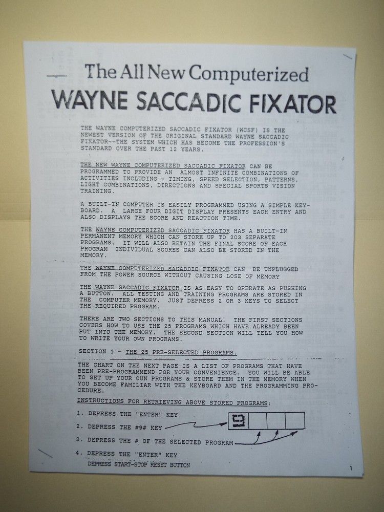 INSTRUCTIONS MANUAL for Optician's Wayne Engineering Optometric Saccadic Fixator