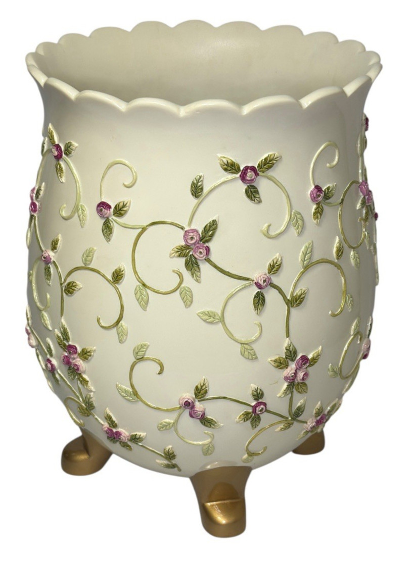 Wamsutta Rosebuds Wastebasket Resin Trash Can Shabby Chic Rose Floral Romantic