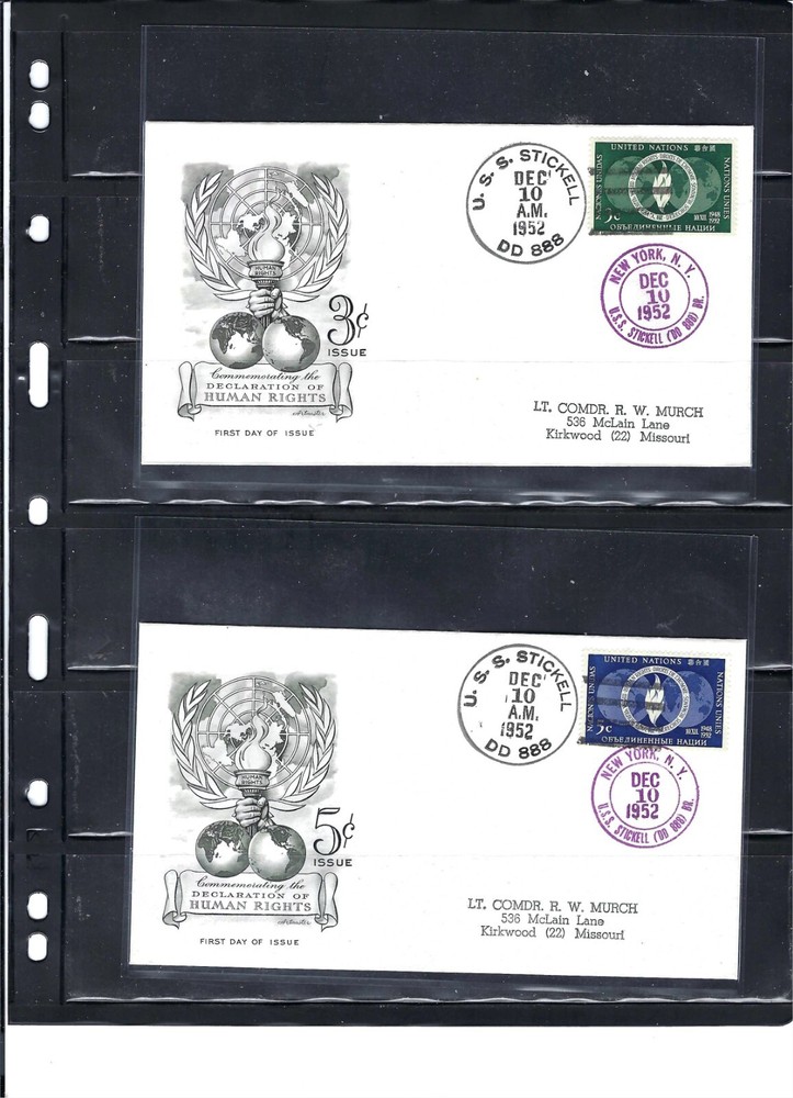 1952 HUMAN RIGHTS FDC (USS STICKEL Cancel) (Scott# 13/14)-ARTMASTER CACHET (973)