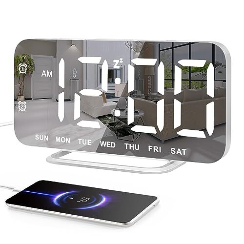 Super Slim LED Digital Alarm Clock Mirror Surface for Makeup with Diming Mode...