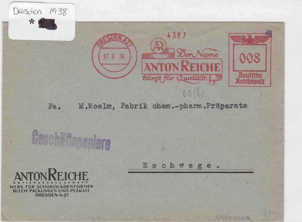 dresden 1938 stamps cover Ref 8985