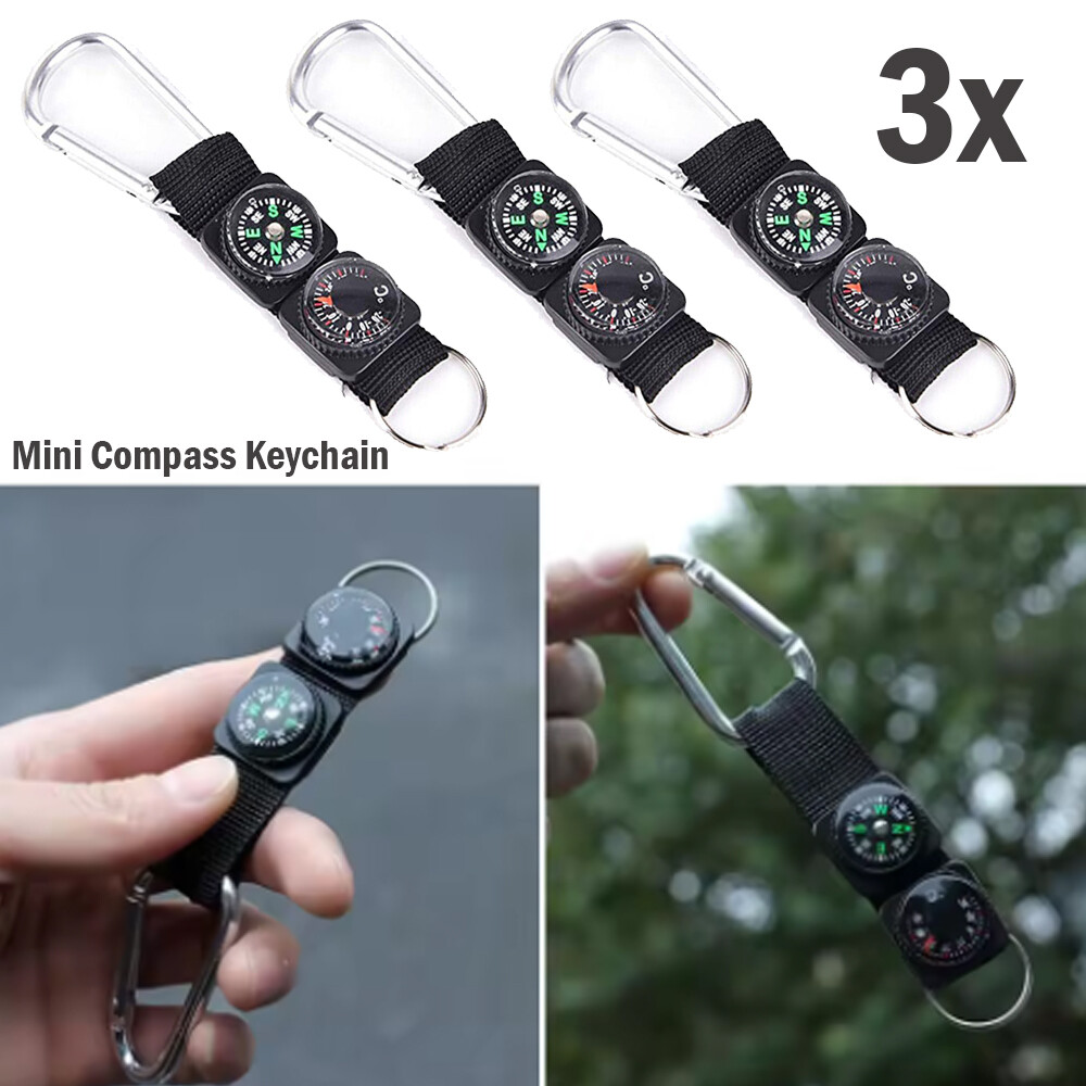3PCS Mini Compass Thermometer Outdoor Camping Survival Keychain Carabiner Kits