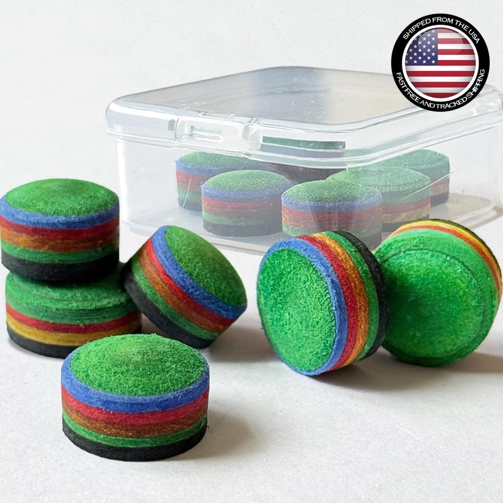 Rainbow Leather Billiard Cue Tips Set - Replacement Kit with Storage Box 12-14mm