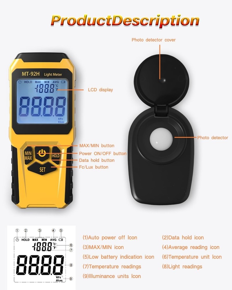 MT-92H Light Meter with Split Sensor Lux/Foot Candles Meter 500ms Refresh Rates