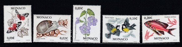 MONACO Moths, Snail, Clockvine, Great Tit & Perch MNH set