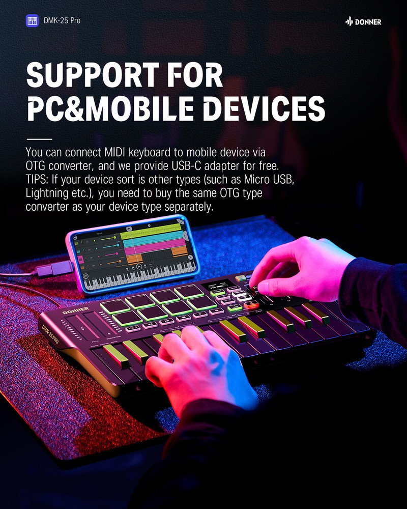 🎹 Donner USB-C MIDI Keyboard DJ Controller OLED 25 Key 8 Drum Pads Touch Bar