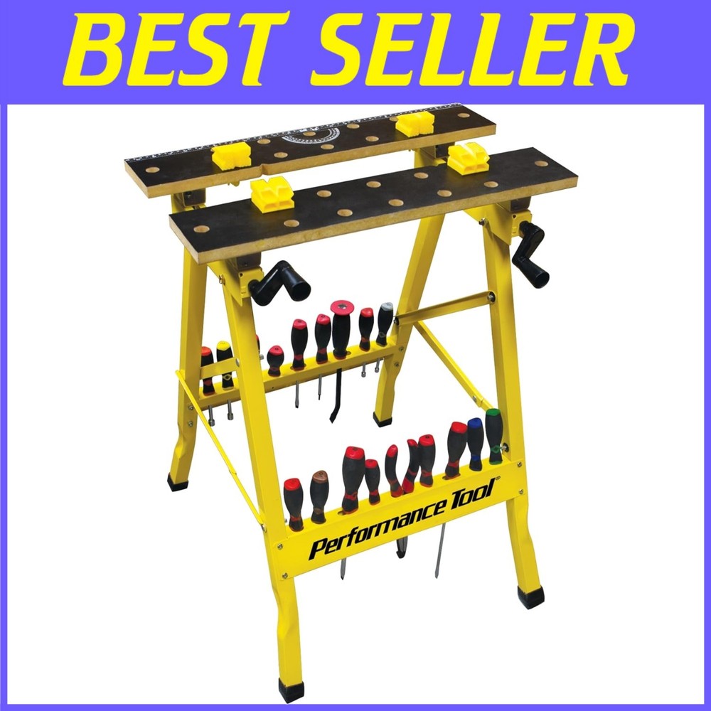 Compact Folding Workbench with Printed Tabletop and Tool Rail - 200 lb Capacity
