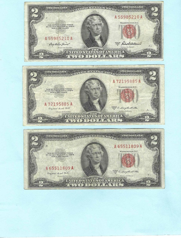 1953A (1), 1953B (2) 2 Dollar Notes, 3 Notes, Red Seal, Circulated