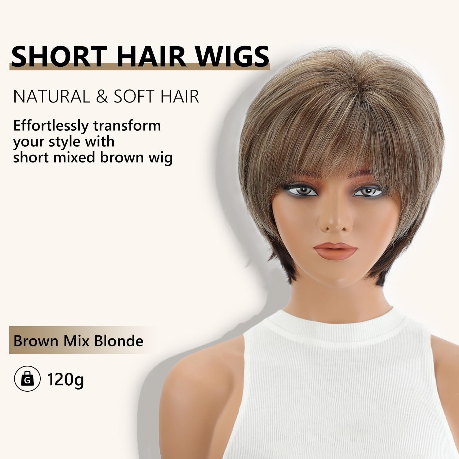 SEVENCOLORS Short Hair Wigs with Bangs Dark Brown Mixed Blonde Pixie Cut Wig ...
