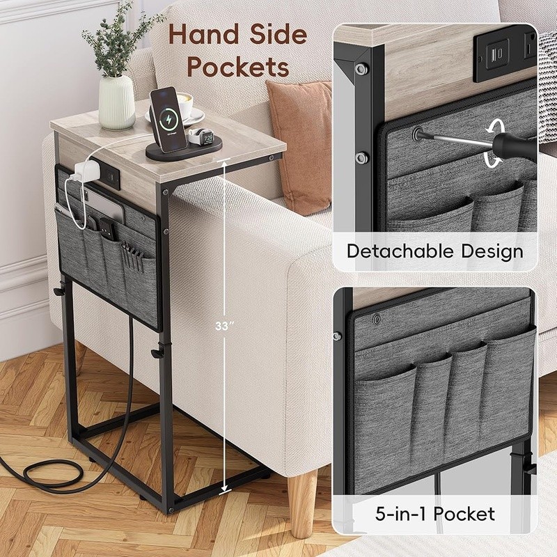 Height Adjustable C Shaped Side Table W/ USB Charging Station Storage Bag Couch