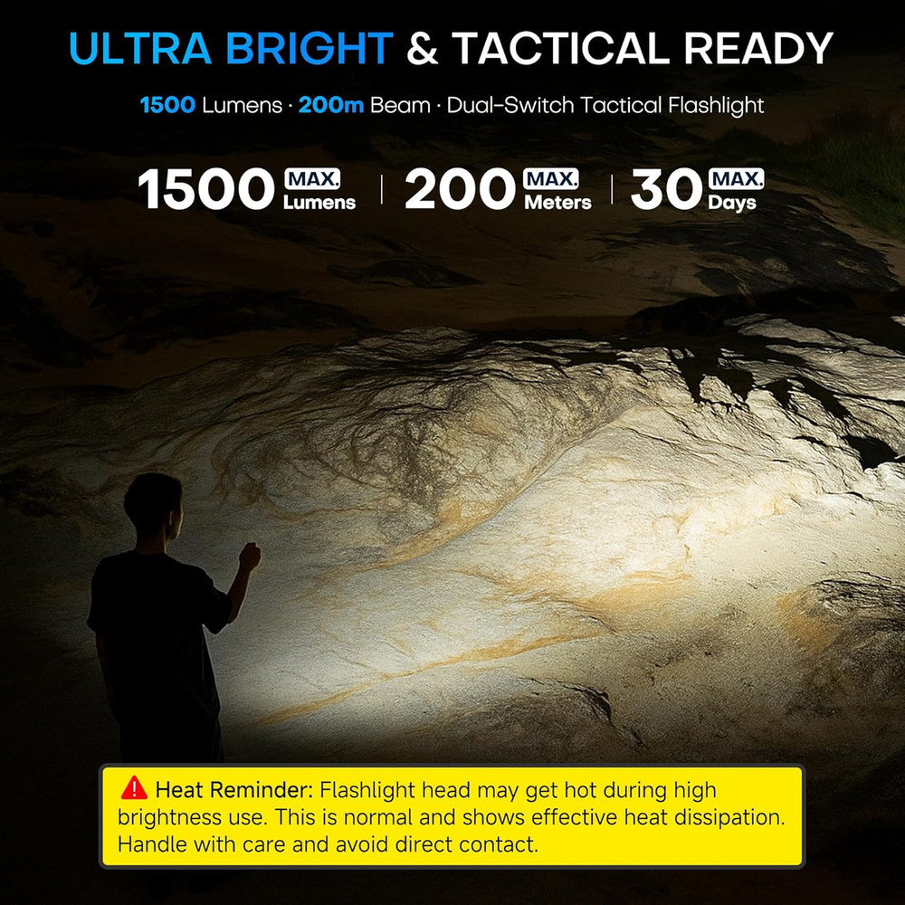 Tactical Flashlight Flat Flashlights Rechargeable Stainless Steel 8 Modes