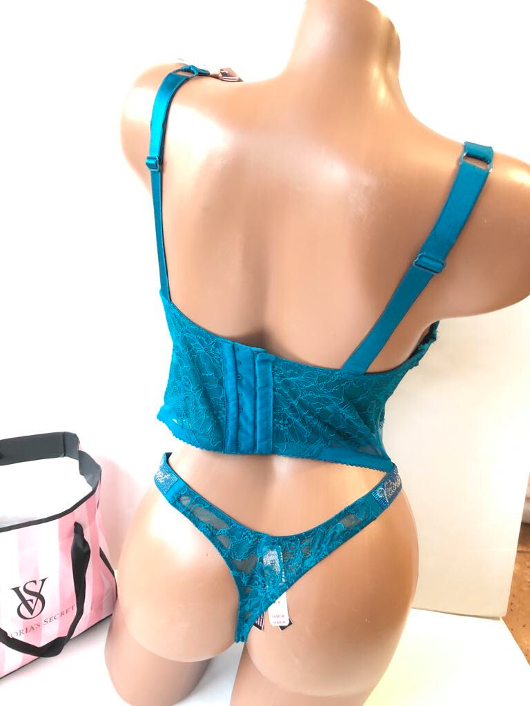 Victorias Secret Shine Strap Logo Rhinestone Push-Up Corset Thong Set Aqua Blue