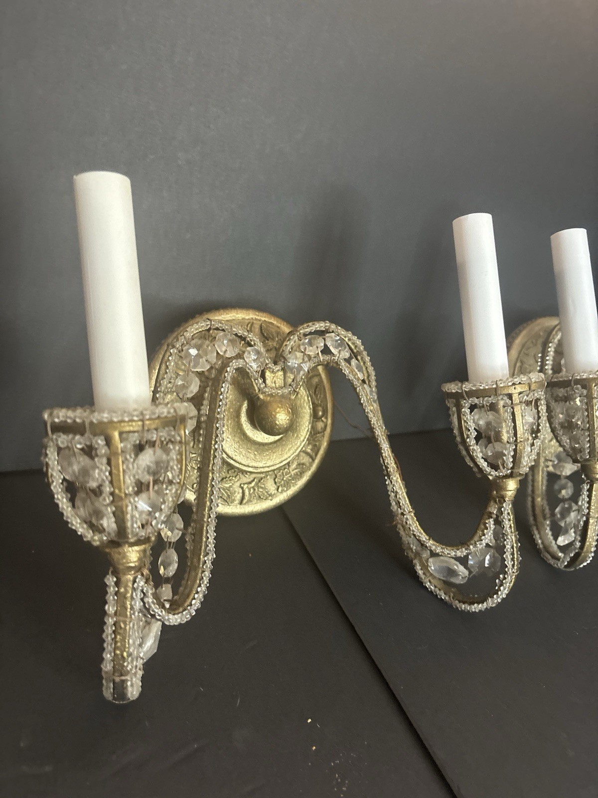 Pair Double Arm Wall Sconces Crystals Beaded Antique Style