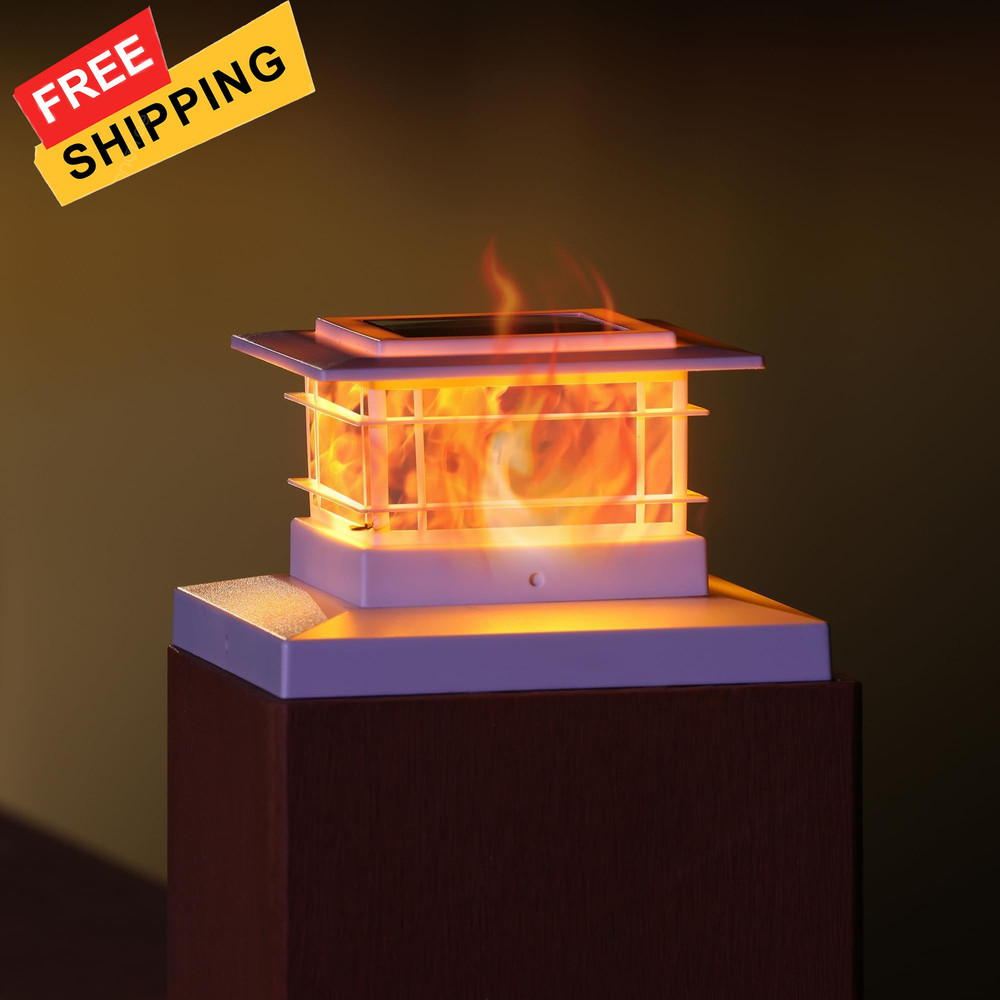 Dynaming 4 Pack Solar Post Cap Lights 4 Flickering Flame Lights, White