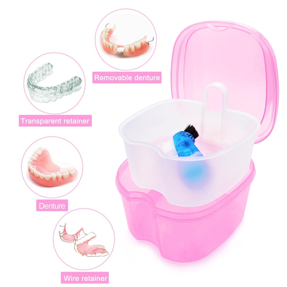 Denture Bath Case Soaking Cup with Brush, Holder Light Pink