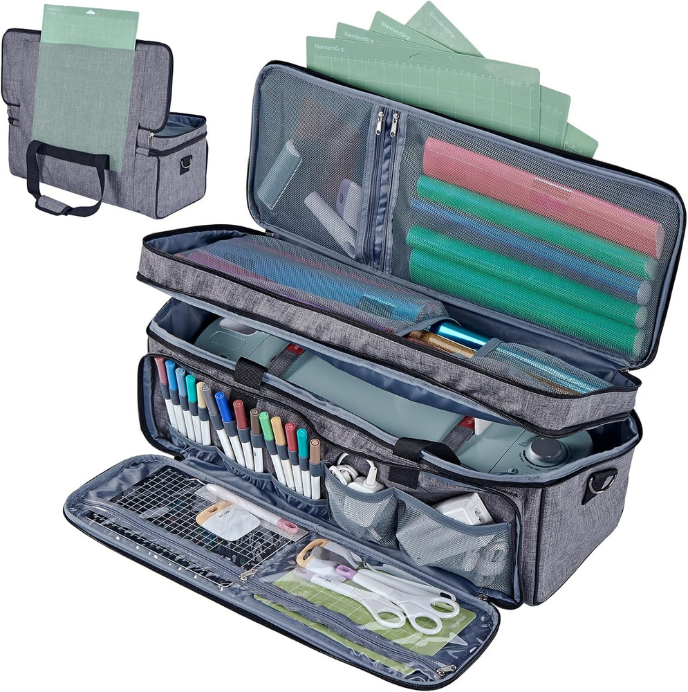 Double Layer Carrying Case with Mat Pocket for Cricut Maker 3 Explore 3 Grey