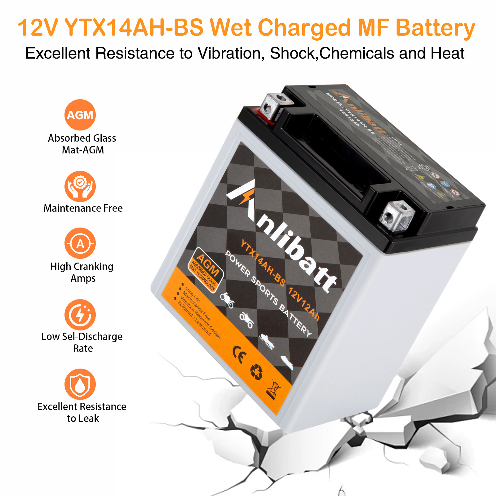 YTX14AH-BS Sealed AGM ATV Motorcycle Battery High Performance Maintenance Free