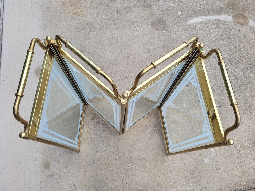 Vintage Folding Brass and 4 Glass Panel Fireplace Screen