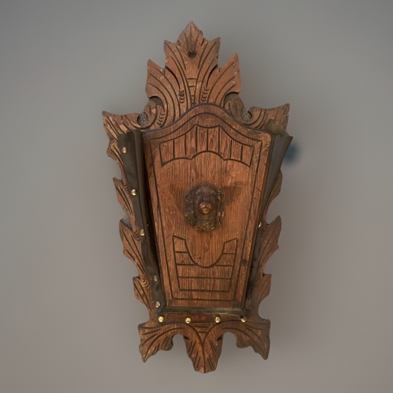 Antique Victorian Walnut Wall pocket Magazine Newspaper Rack Holder Spaniel Dog