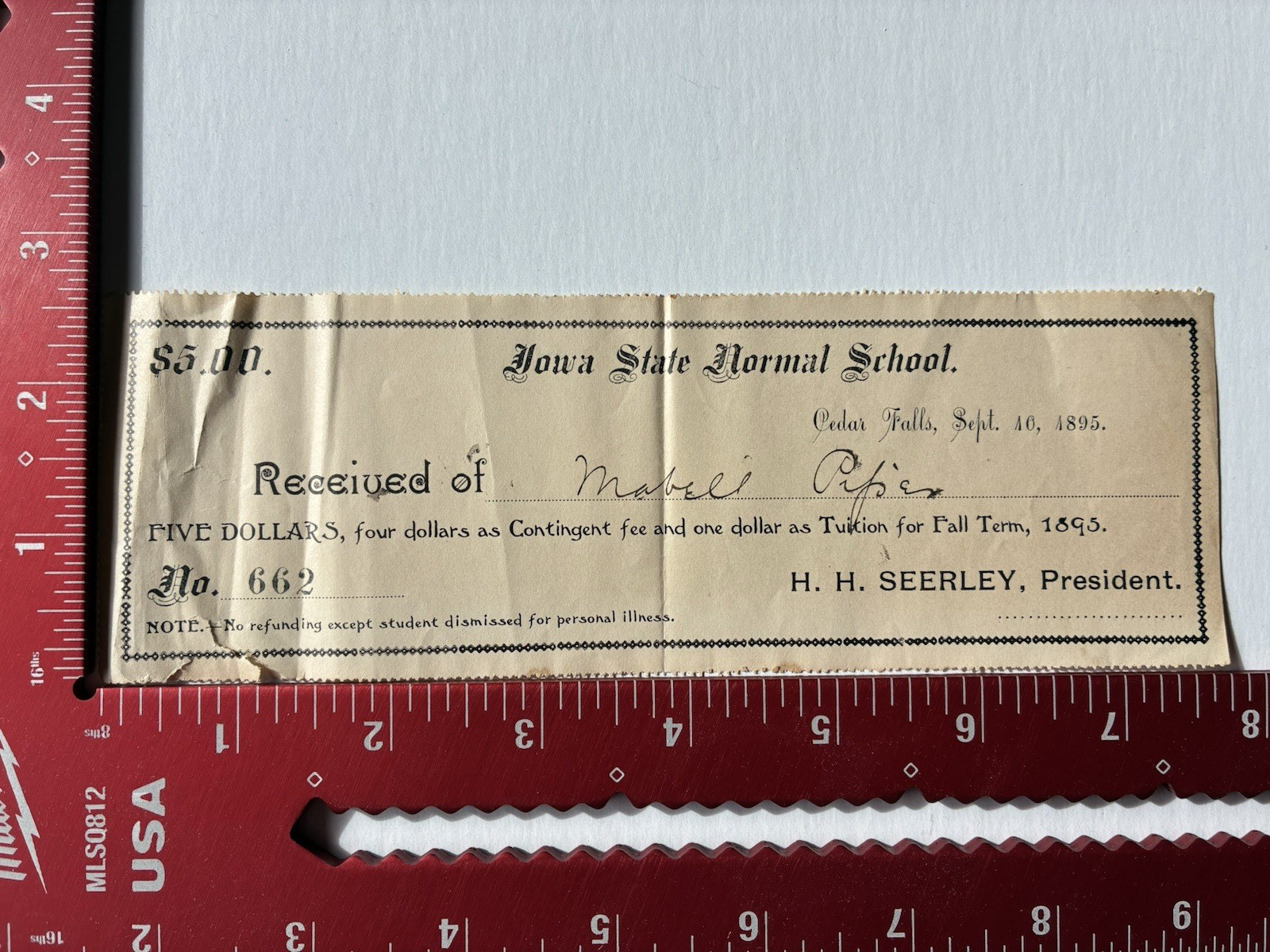 1895 Iowa State Normal School Cedar Falls Tuition Payment Receipt