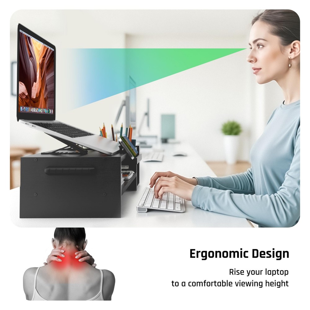 Adjustable Wood Laptop Stand, Ergonomic Height & Angle Computer Riser with Pe...