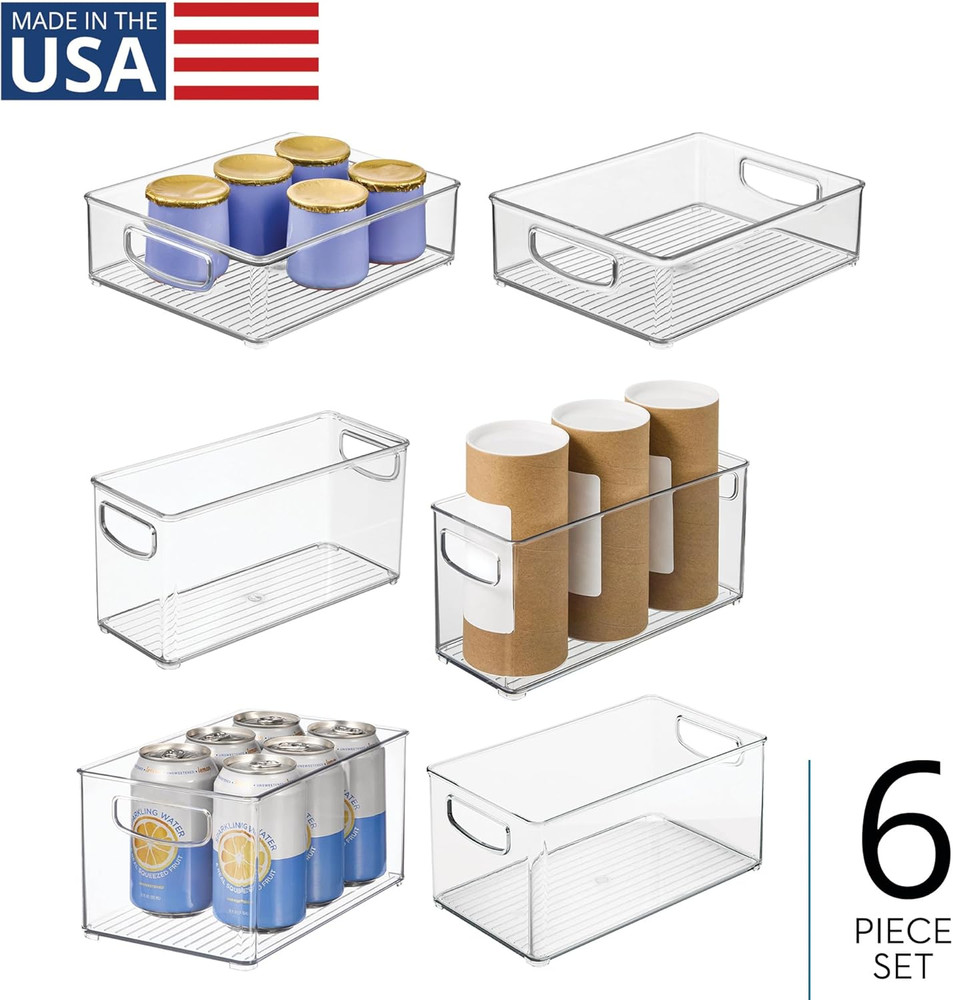 Stackable Pantry Bins, 2 Small, 2 Medium, and 2 Large Bins, 6 Pack, Clear, Made