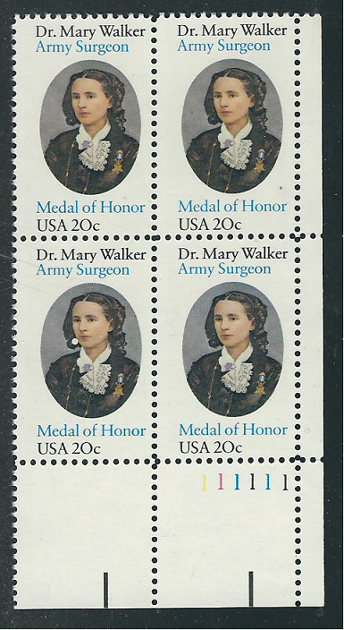 Scott # 2013...20 Cent.... Dr. Mary Walker... Plate Blocks.