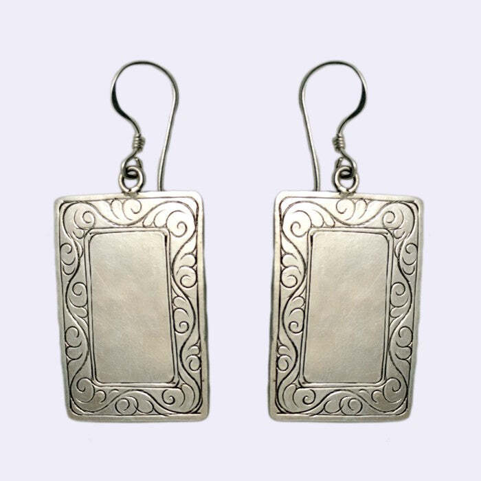 Rectangular Engraved Silver Earrings