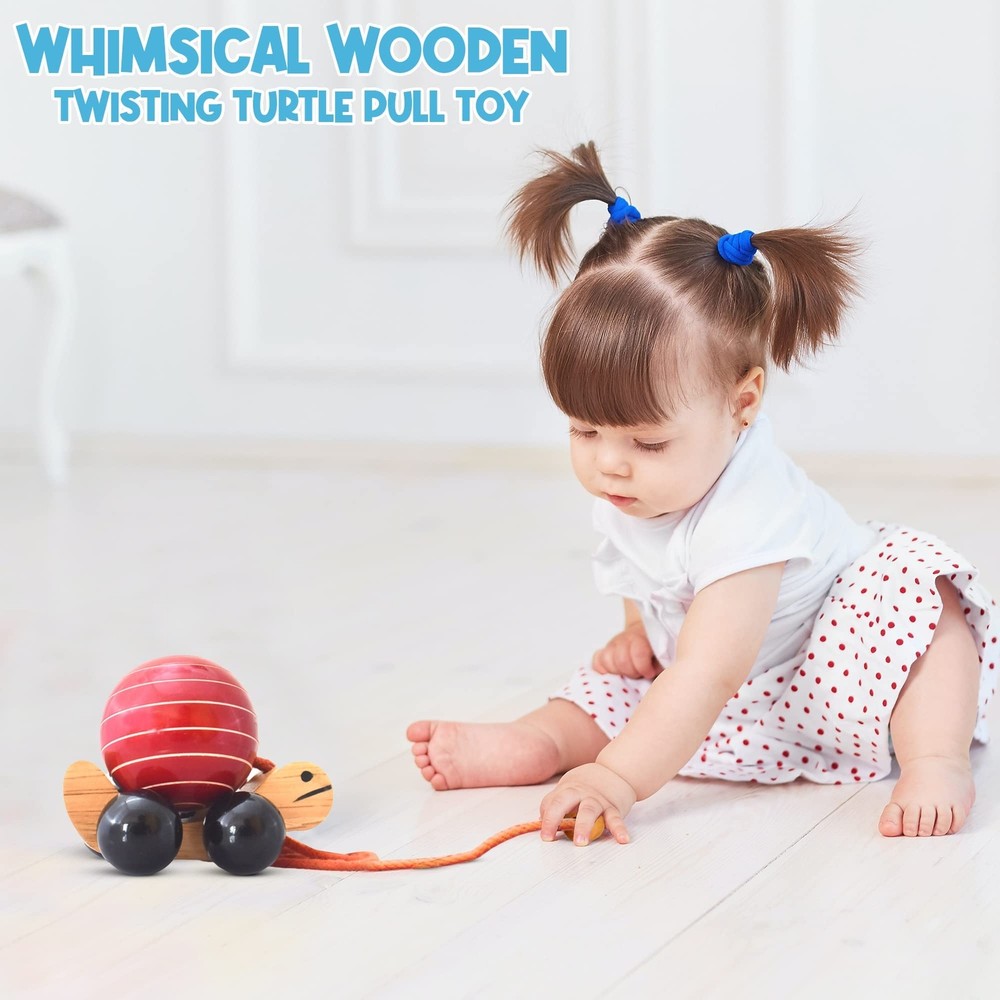 Whimsical Wooden Twisting Turtle Pull Toy – Solid Wood Baby Pull Toy with