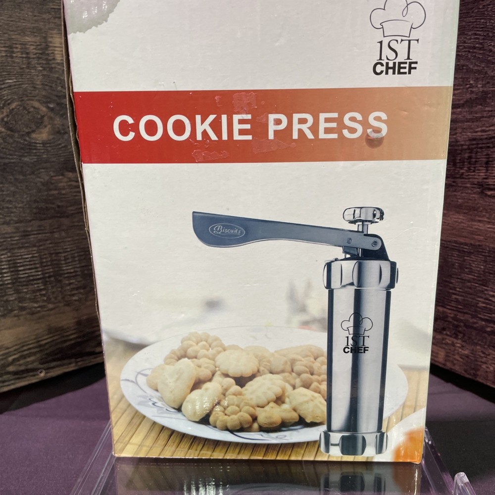 1st Chef Stainless Cookie Press w/Discs, Tips, Piping Bag, User Guide