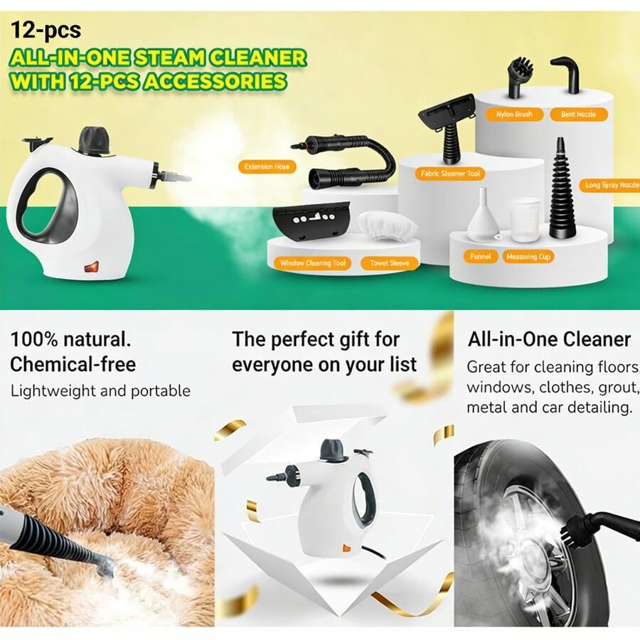 Steam Cleaner, Equipped With A 12-Piece Accessory Set, This Pressurized Handheld
