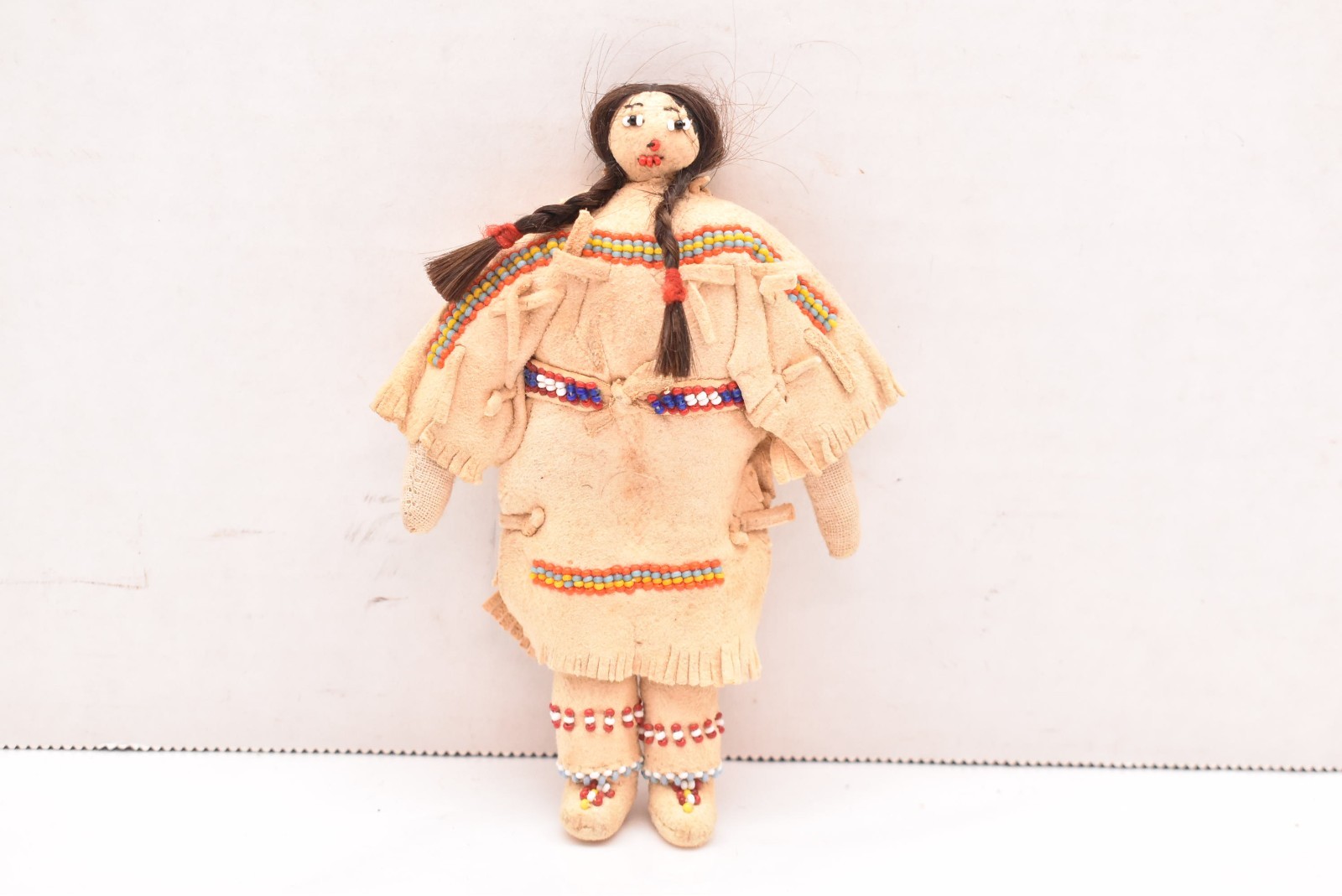 Vintage Native American Doll Beaded Sioux Indian W Leather Fringe 5.5" Tall-