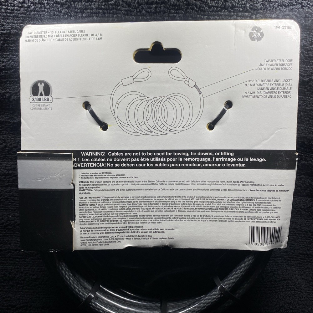 Brinks, Flexweave, Flexible Steel, 3/8in x 15ft Open Loop Cable Lock