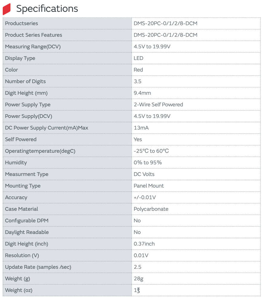 MURATA Digital Panel Mount Volt Meter Red L.E.D. DMS-20PC-0-DCM-C 4.5-19.99VDC