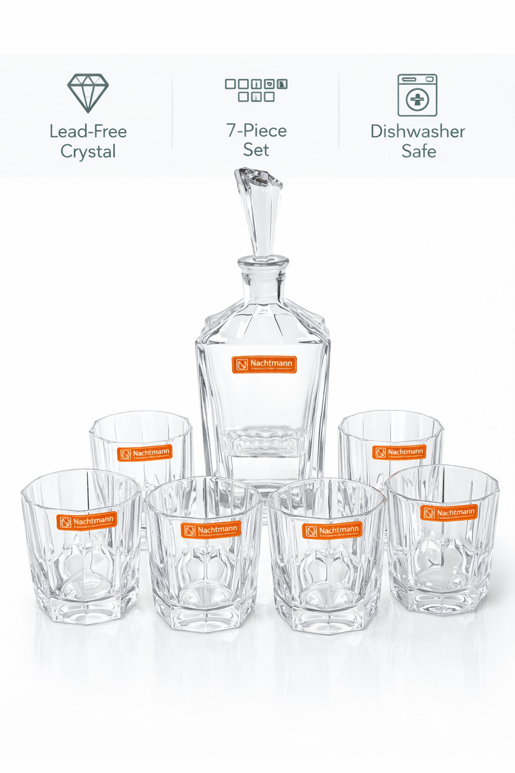 Nachtmann Aspen 7-Piece Whisky Decanter & Tumbler Set Lead-Free Crystal, 6 Glass