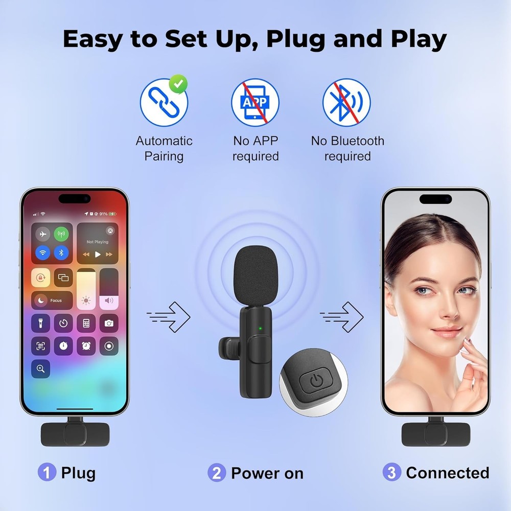 Omnidirectional Wireless Microphone for Podcasts - iPhone & Android Compatible