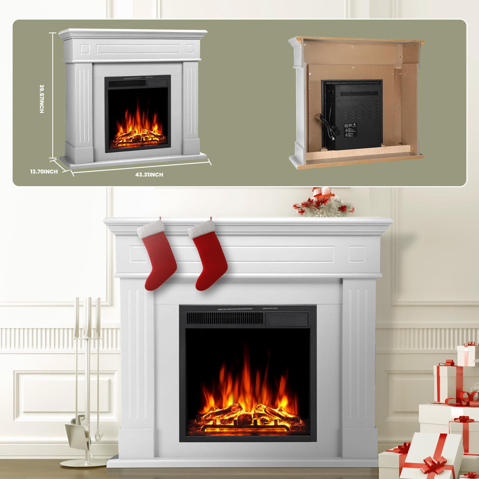 Electric Fireplace Mantel Package Wooden Surround , Adjustable Led Flame, Remote